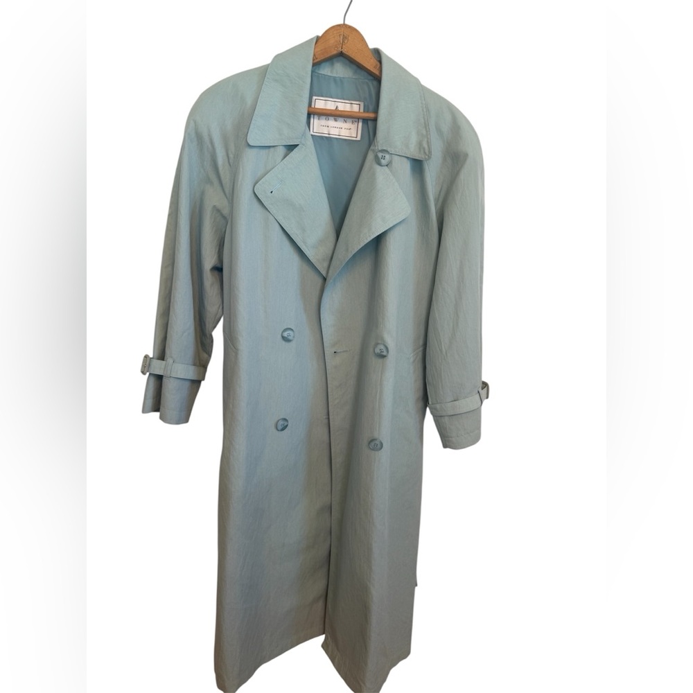 Vintage 80s London Fog Lt Aqua Trench Coat Belted Padded Shoulders sz 6 Petite